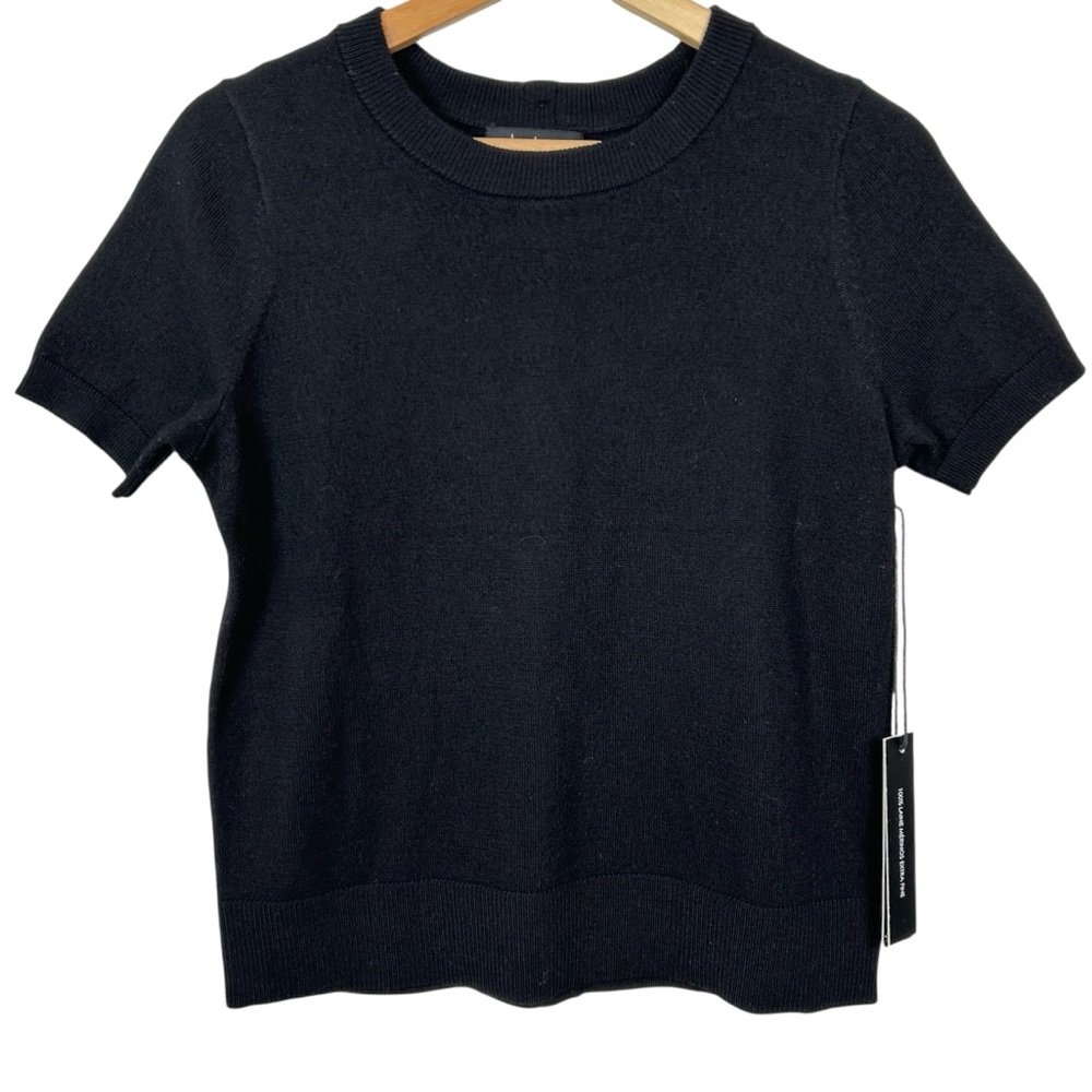NICOLE MILLER NWT 100% Fine Merino Wool Short Sleeve Crewneck Knit Top, Black, S
